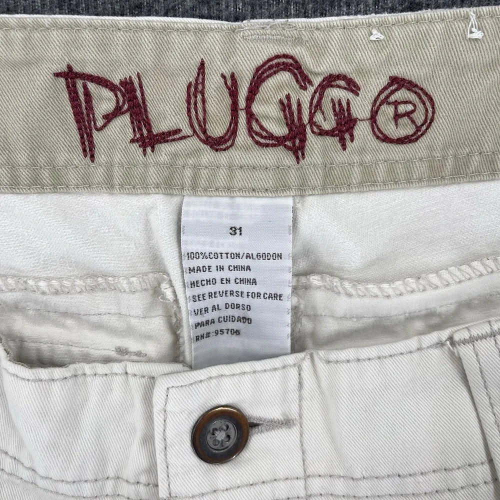 Plugg Cargo Shorts Mens 31 (Fits 32) White Khaki Utility Pocket Y2K Grunge Baggy